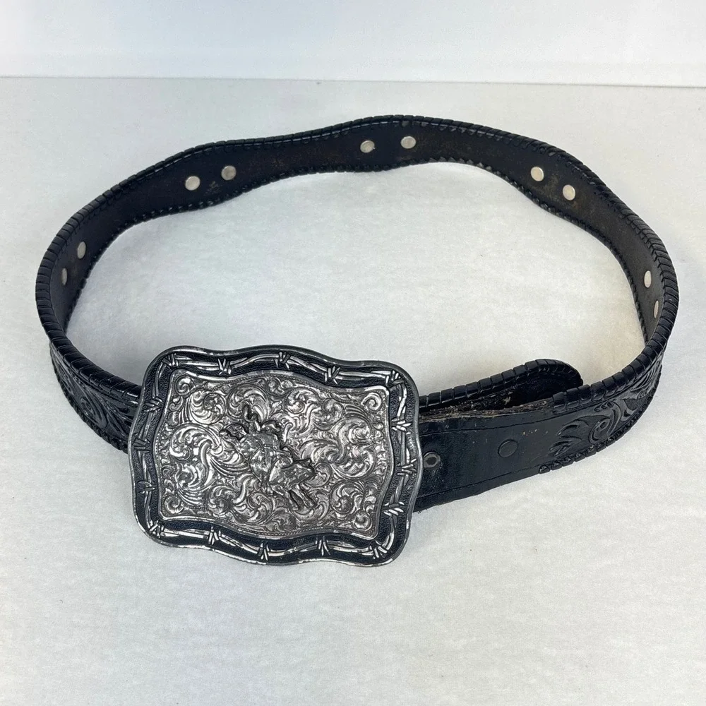 Crumrine Belt Buckle Silver Metal Hand Tooled Western Cowboy Buckle Men